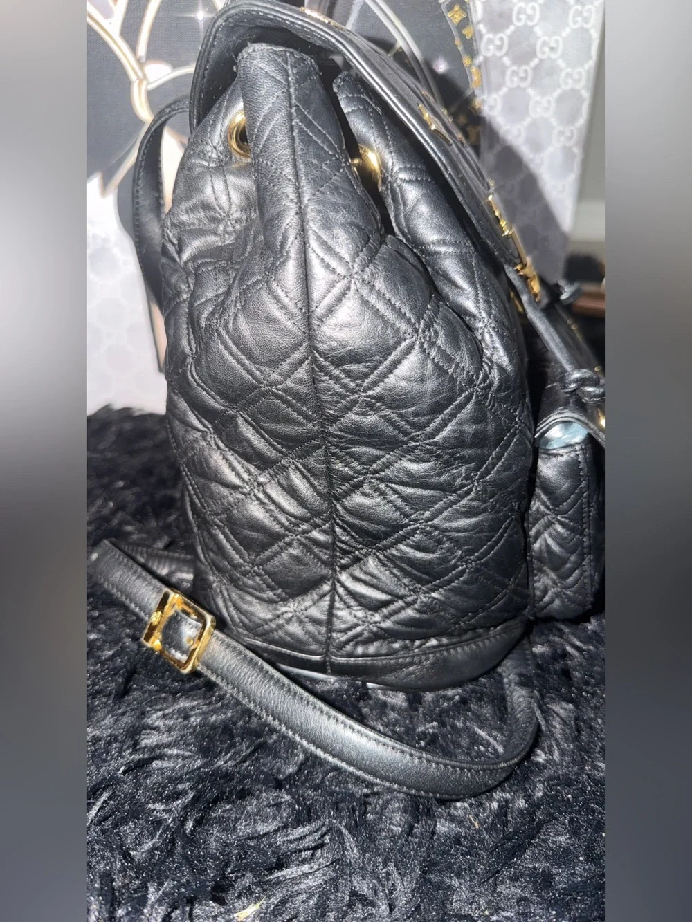 MCM Black Quilted Leather Backpack with Gold Hardware Accents